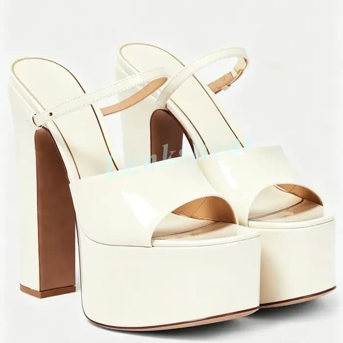 Sandales mules à plateforme et talon carré épais pour femme en cuir verni, bout ouvert, style chic pour soirées d'été 2026