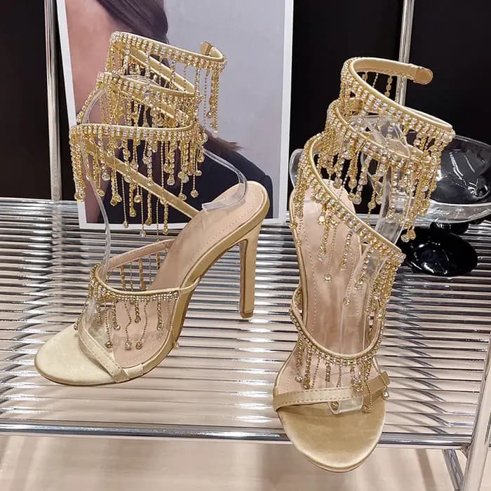 Chaussures dorées mode strass Peep Toe dames talons hauts