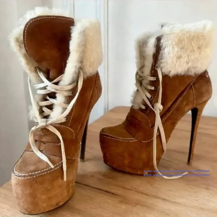 Bottines à talons aiguilles en daim marron pour femmes, chaussures à plateforme et bout rond, chaussures de défilé de fête, bottes de luxe de styliste