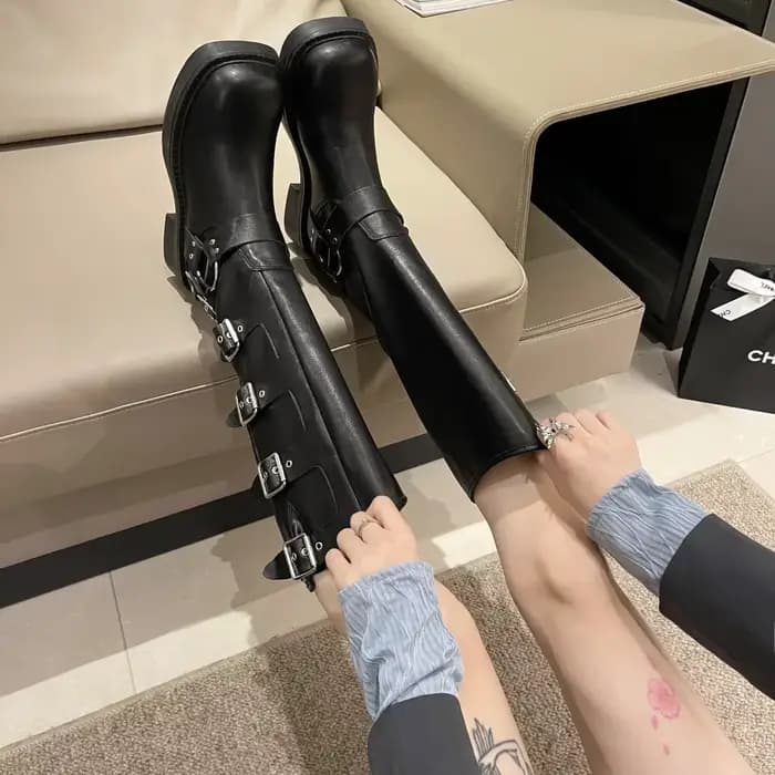 Femme bottes genou haute plate-forme élégante talon bas tendance Punk gothique New Rock cuir mode chaussures pour femmes