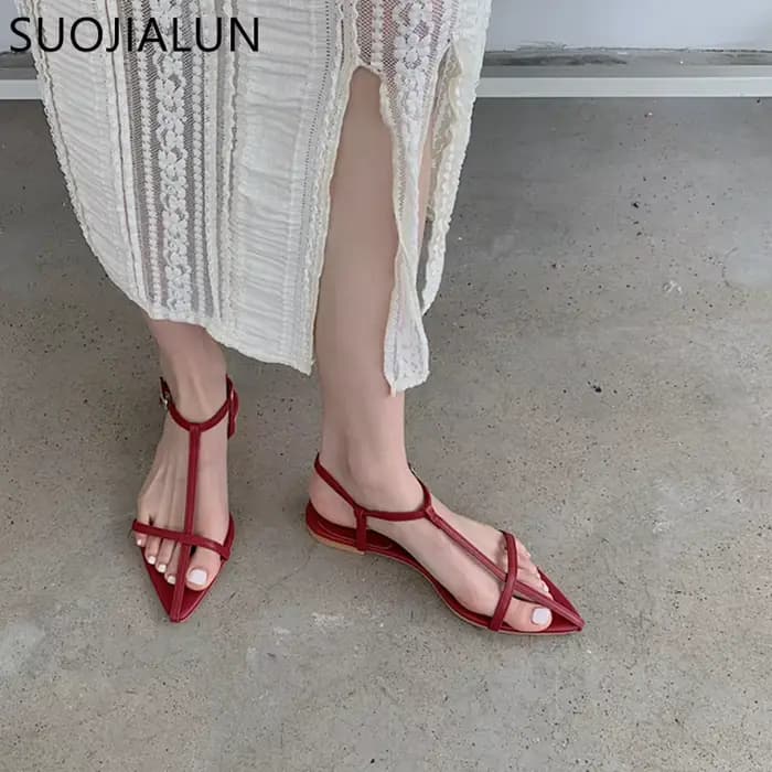 SUOJIALUN 2025 nouvelle marque femmes sandale mode bande étroite talon plat dames gladiateur chaussu