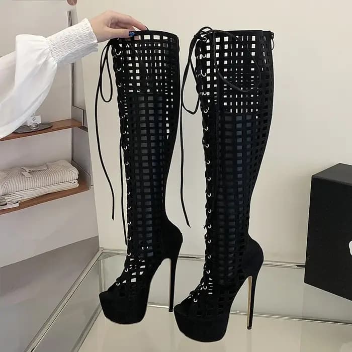 Eilyken Bottes d'été sexy à bout ouvert et ajourées pour femme