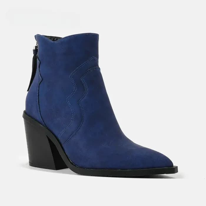 Talons en bois épais bottes femme chaussures en cuir solide bout pointu compensées Botas Feminina Cowboy cheville