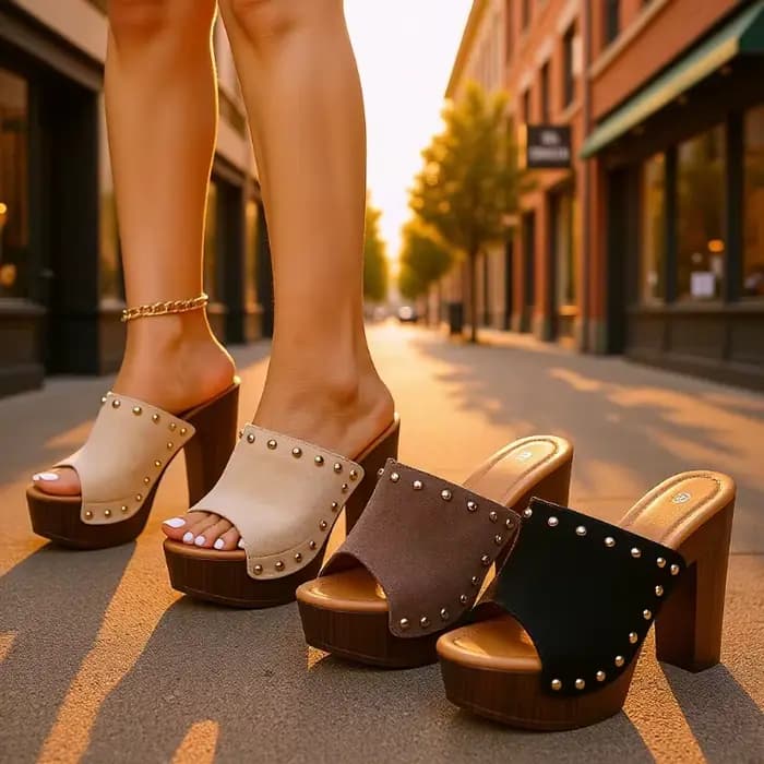Sandales à talon carré pour femmes, à enfiler, à bout ouvert, avec rivets, plateforme, chaussures d'été à talon haut, sandales à semelle épaisse pour femmes