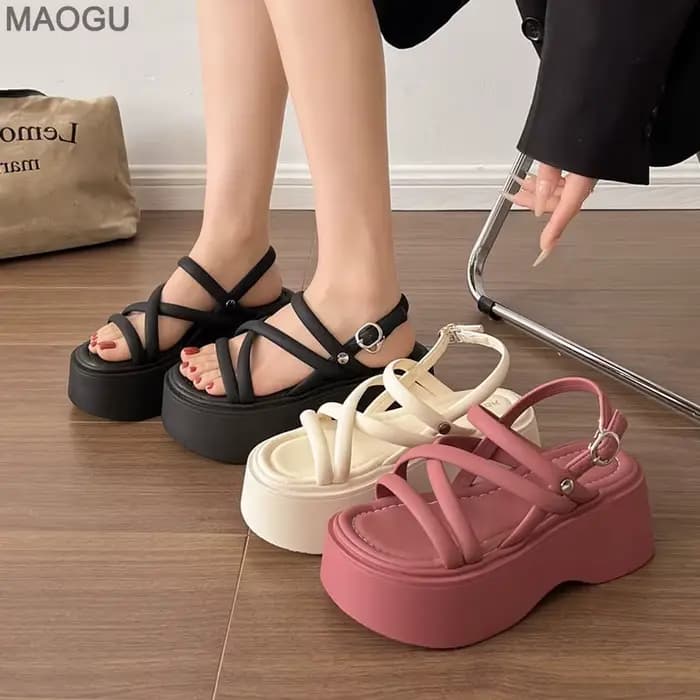 Sandales compensées noires femmes plate-forme chaussures ceinture noire talons hauts gladiateur talon épais été