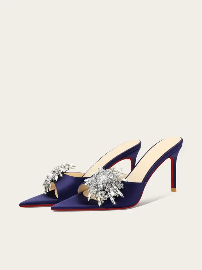 Nouvelles sandales de luxe léger bleu marine à bout pointu orné de fleurs en cristal, élégantes et ouvertes, pour femmes, mules d'extérieur