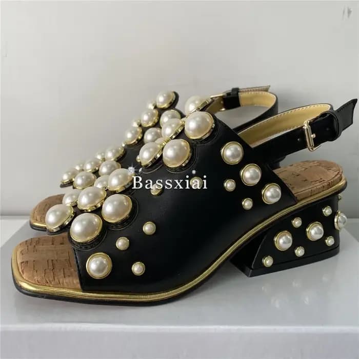 Sandales de luxe en cuir véritable pour femmes, chaussures de soirée à talons ajourés uniques, embellissement de perles, été