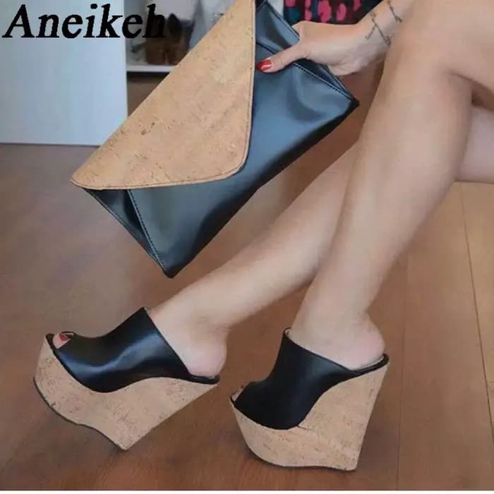 Aneikeh noir plate-forme sandales à talons compensés pantoufles 2025 été mode Peep orteil Super haute hauteur Sexy sandale Mules zapatillas mujer