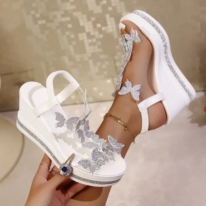 Sandales à talons hauts pour femmes, plateforme, sandales papillon à la mode, décoration strass, chaussures populaires parmi les orteils pour femmes