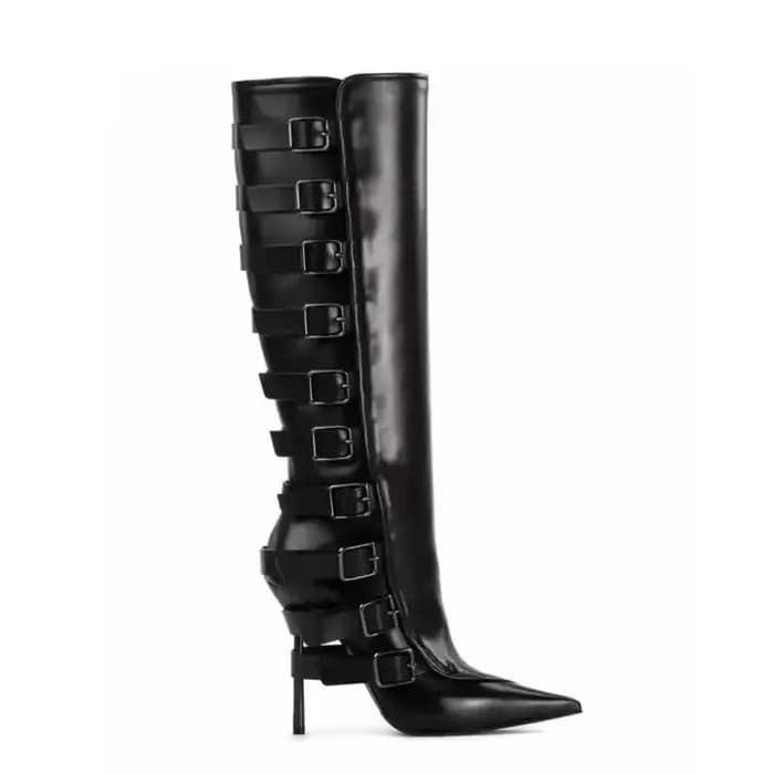 Bottines à talon aiguille et boucle pointue, couleur noire et marron assortie, style défilé, taille