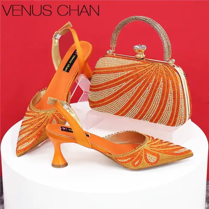 Sandales de Luxe à Talons Hauts, Ensemble de Sacs en Orange, pour ixde Mariage, Tendance 2025