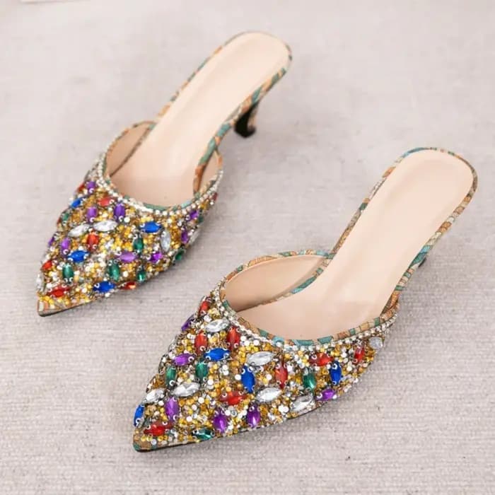Pantoufles de luxe à talons chaton et strass pour femmes