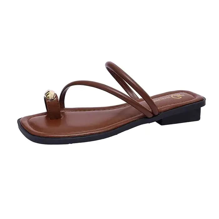 Sandales d'été pour femmes, tongs à décor métallique, chaussures à talon bas, sandales rétro marron pour femme, pour l'extérieur