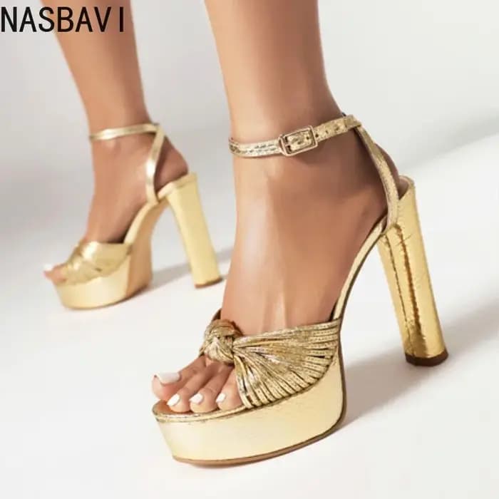 NASBAVI femmes bande étroite sandales or plate-forme sandale 12 cm semelle épaisse talons hauts dames sandale été gladiateur femmes chaussures 42