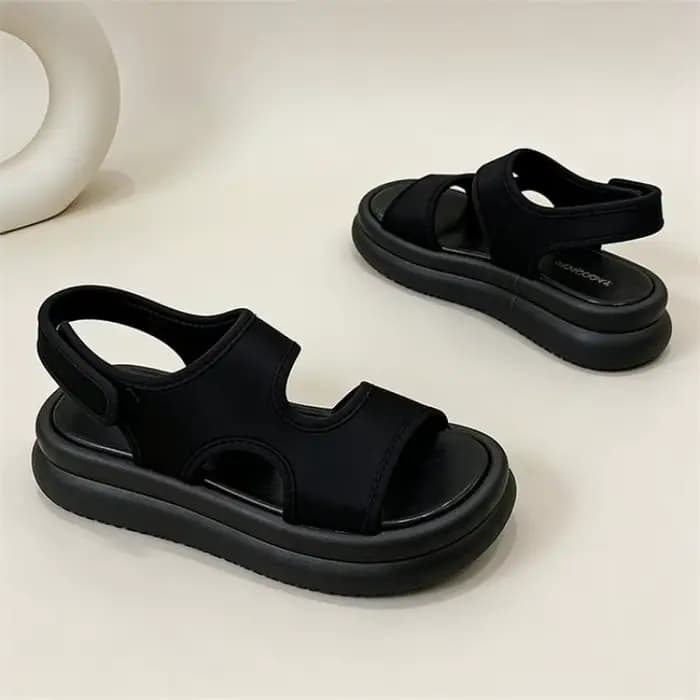 Sandales compensées noires pour femmes 2026 – Nouveauté décontractée à semelle épaisse, bout ouvert, fermeture Velcro, sandales de sport confortables et antidérapantes pour l'été, chaussures de plage