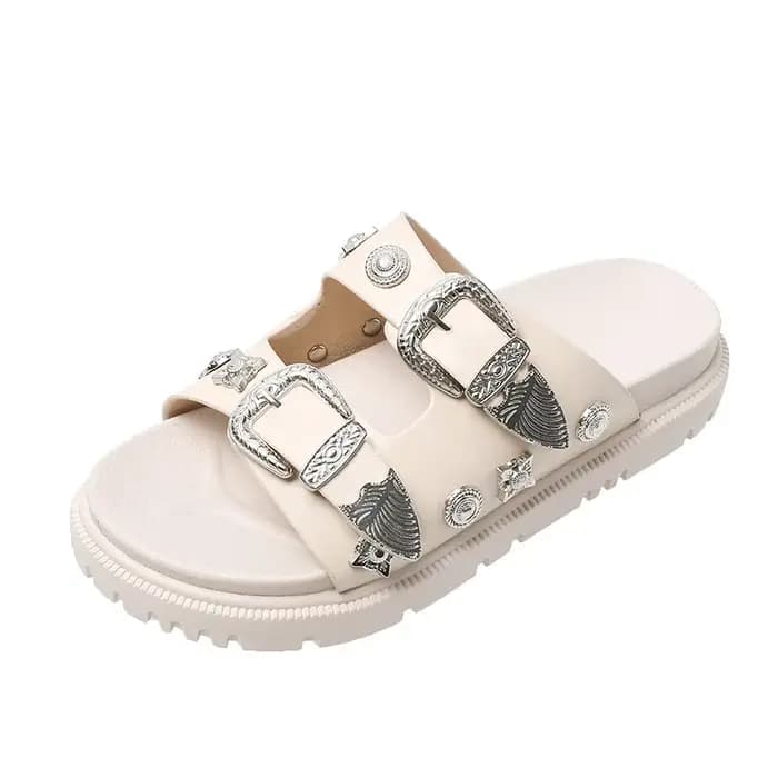 Sandales noires pour femmes Punk pantoufles cloutées boucle décor bout ouvert