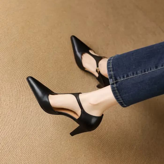 Sandales d'été en cuir véritable pour femmes, chaussures à bout pointu et à talons hauts, sandales à lanières en T, couvre-orteils, nouvelle collection