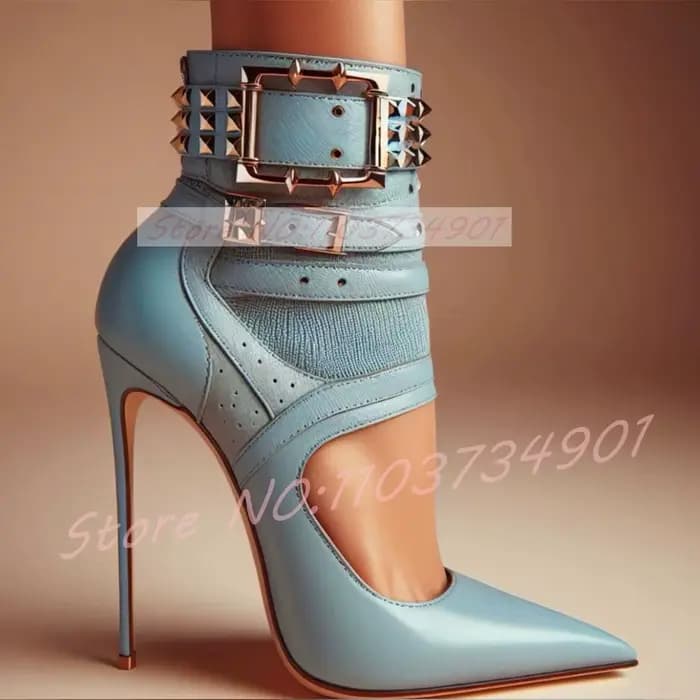 Bottines en cuir bleu pour femmes, sandales découpées avec sangle à boucle cloutée, bout pointu, tal