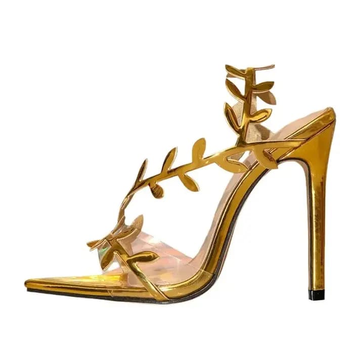 Liyke Design de mode en cuir verni feuille femmes sandales élégant bout pointu or talons hauts chaussures de Banquet de mariage Zapatos Mujer