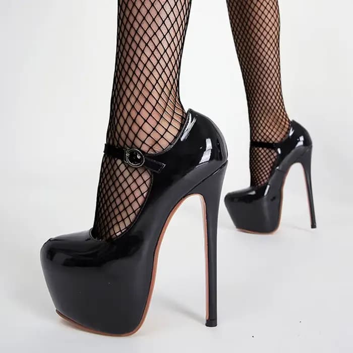 Escarpins à plateforme en cuir verni pour femmes, chaussures Sexy à talons hauts rouges de 17cm, à bout rond avec sangle à boucle, pour soirée de mariage
