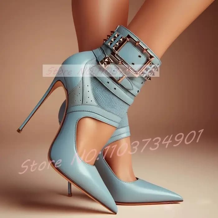 Bottines en cuir bleu pour femmes, sandales découpées avec sangle à boucle cloutée, bout pointu, tal