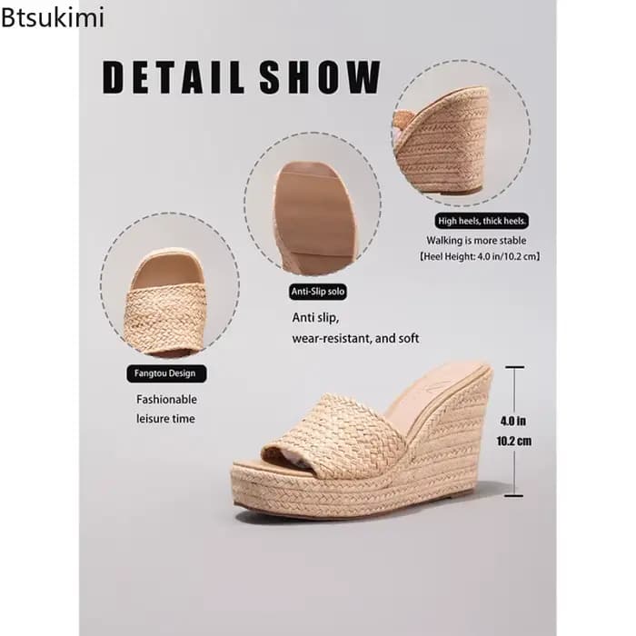 Sandales compensées en corde de chanvre pour femme 2026, à semelle épaisse, en paille tressée, à bride unique, imperméables, plateforme, talons hauts, pour l'été