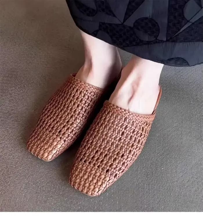 Femme chaussures femmes Mules bout carré évider deux couches peau de vache