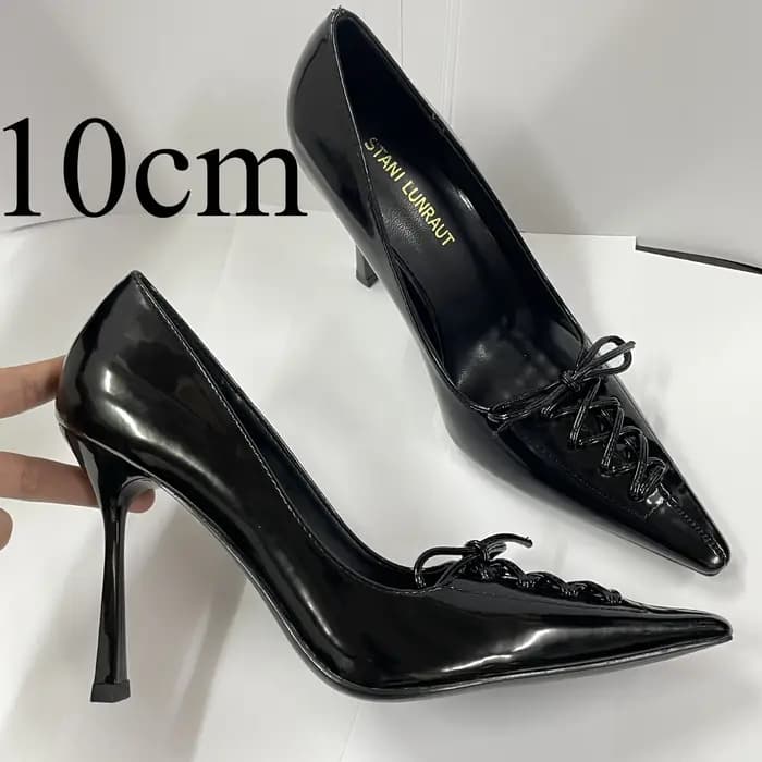 Escarpins sexy à lacets et nœuds, talons fins, en cuir noir, élégants pour femmes, pour fêtes et mariages