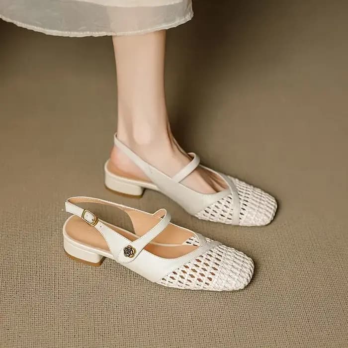 Sandales Femme Bout Fermé Tressé Ajouré Talon Bas Carré Mary Jane Dos Nu Bride Cheville Semelle Souple Légère Décontractée Confortable Été Plage Travail Blanc Cassé