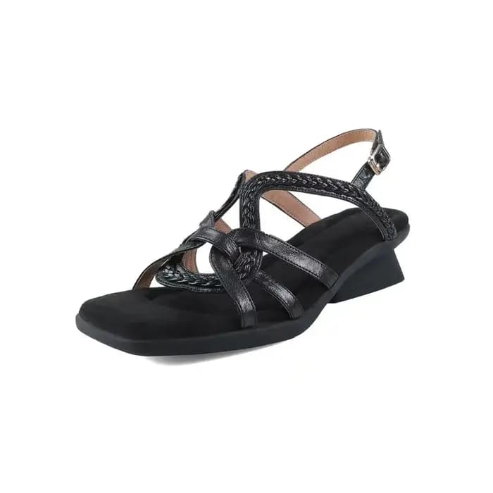 Sandales compensées vintage françaises en peau de mouton pour femme