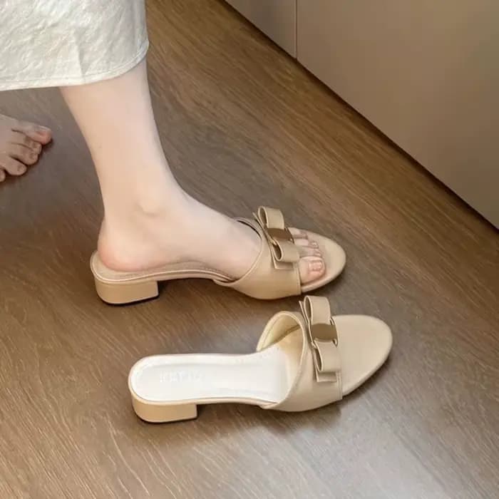 Mules pour femmes à bout ouvert, talon carré bas, aspect cuir, avec nœud décoratif, à enfiler, décontractées, pour le quotidien, l'été et l'extérieur