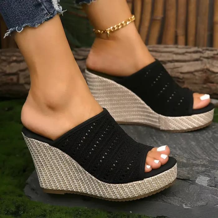 2026 Sandales compensées à plateforme pour femme, mules confortables à bout ouvert, à enfiler, tress