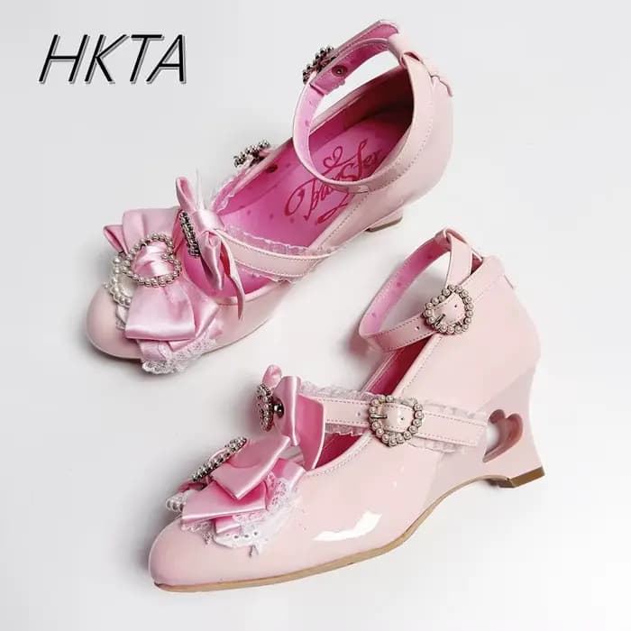 Chaussure compensée imprimée série Gal chaussures à talons creux saveur ancienne japonaise Lo chaussures nœud Punk Lolita perles amour Mary Jane chaussure