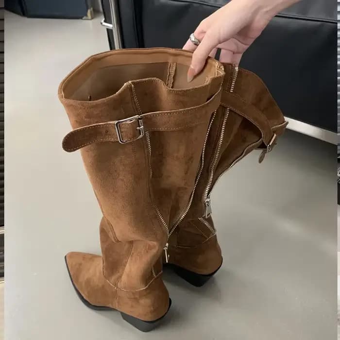 Eilyken-Bottes au genou pointues avec ceinture pour femme, bottes Parker avec fermeture éclair, talo