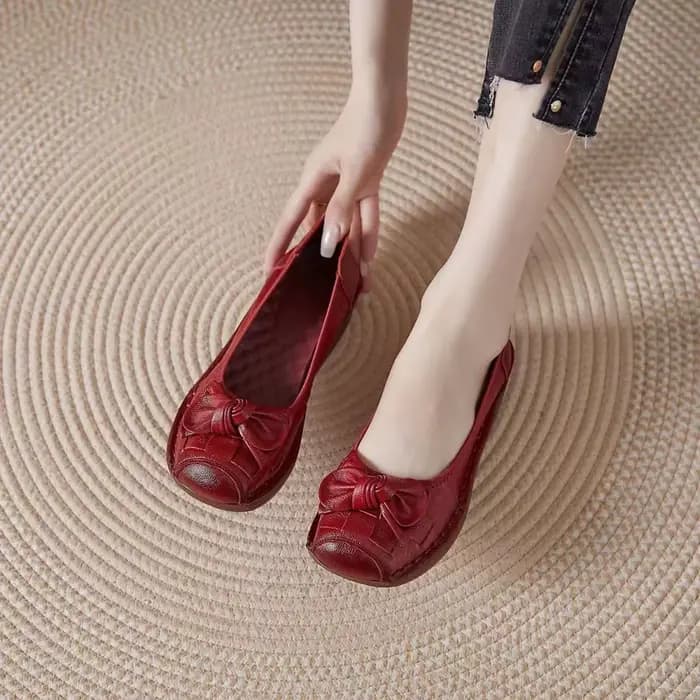 Mocassins rouges rétro pour femmes, chaussures plates en cuir véritable, respirantes, souples et déc