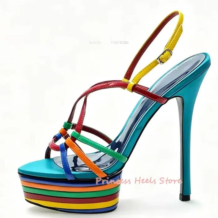 Sandales sexy à rayures colorées et brides croisées, nouveau style, talons fins, couleurs mélangées, chaussures décontractées pour femme, sandales de soirée de créateur
