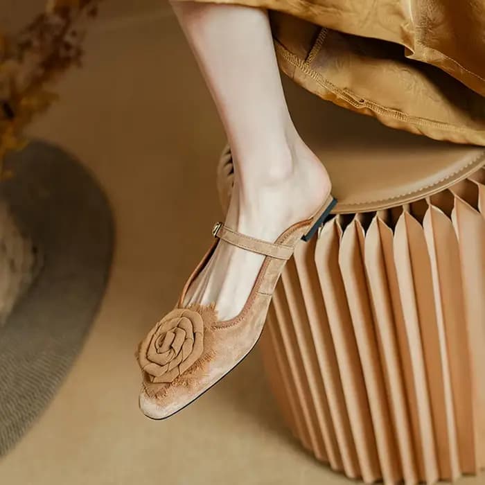 Mules d'été en daim de mouton pour femmes, chaussures en cuir, pantoufles carrées à talons bas, couverture Parker, slingback fleur, sandales vertes, nouveau