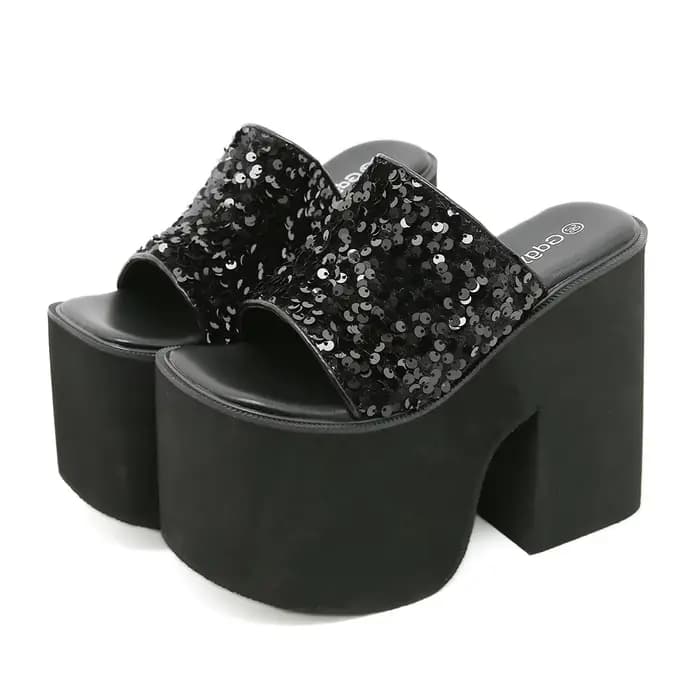 Sandales à talon épais Gdgydh pour femmes, noires, à plateforme, bout ouvert, talons hauts, pantoufl