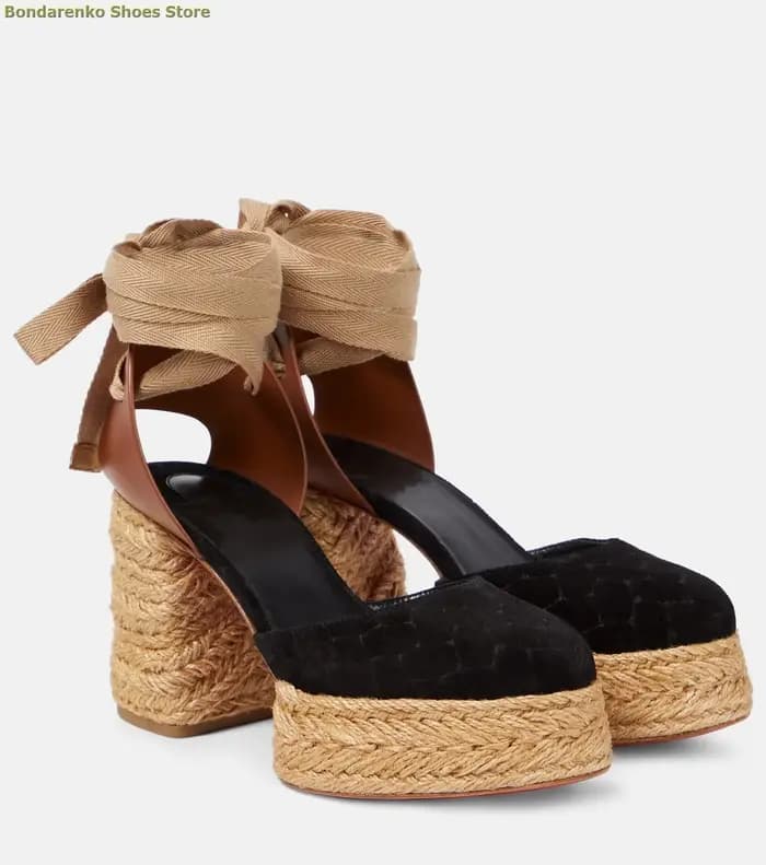 Sandales à talon haut compensé en paille tressée, à lacets, en daim noir, mode été 2026, chaussures habillées pour femme, à bride cheville, faites à la main