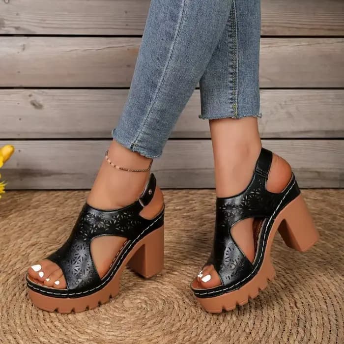 Sandales à plateforme à talon épais pour femme, à découpes florales, semelle crantée, à bride arrière, bout ouvert, style rétro décontracté, confortables pour l'été et la marche