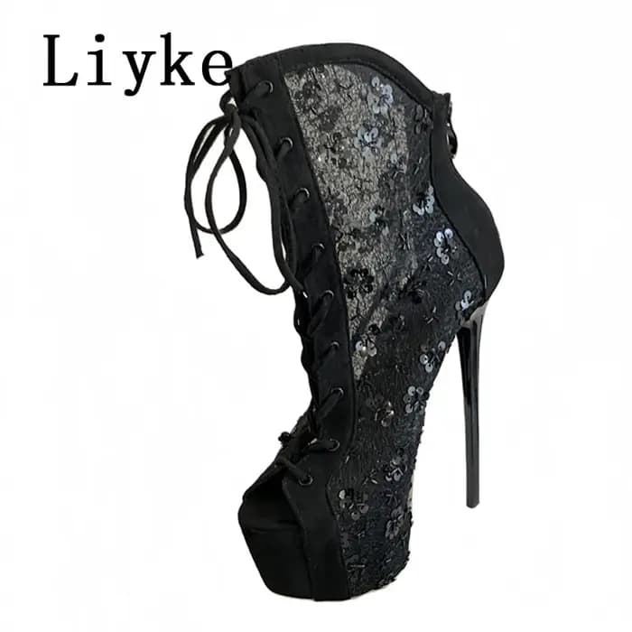 Liyke Sexy Peep Toe à lacets talons hauts plate-forme bottes pour femmes paillettes maille cheville chaussons femme stri
