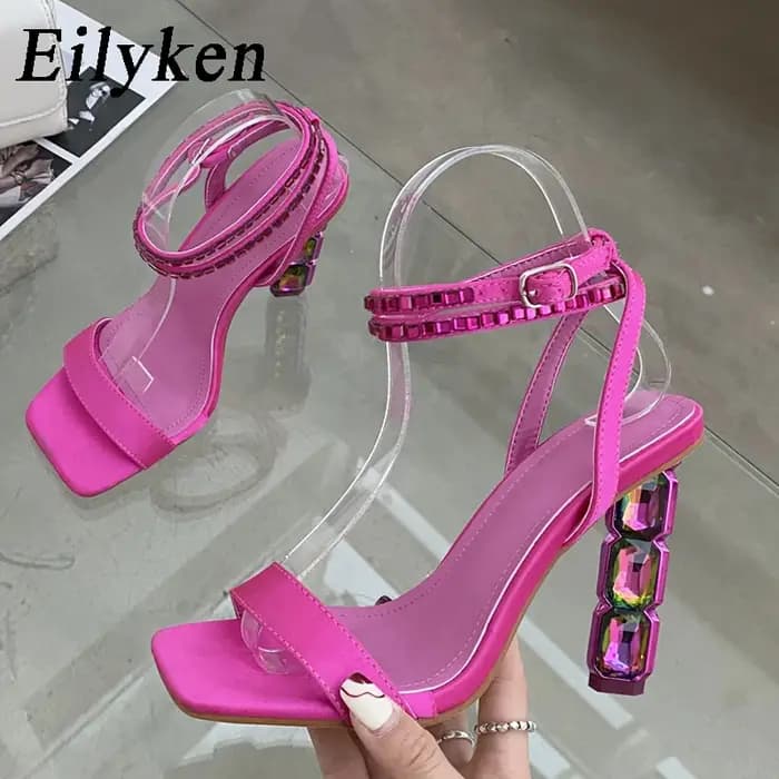Eilyken été cristal embelli sandales à talons hauts femmes diamant bout ouvert bride à la cheville soie Satin strass chaussures de Banquet