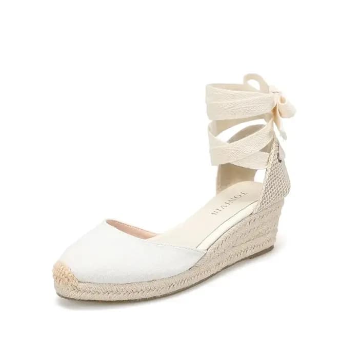 Chaussures compensées pour femmes, sandales à lacets, simples et élégantes, talon moyen, bride à la cheville, plateforme en Espadrille pour un été confortable