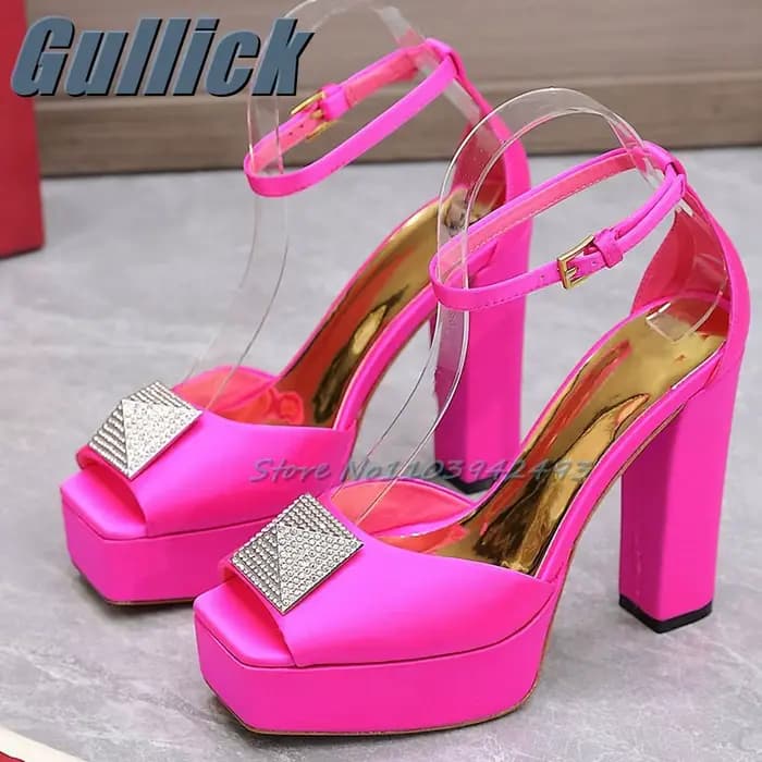 Rivets strass talons plate-forme luxe talon sandales solide bout carré Satin femmes été cheville chaussures talon épais Sandalias