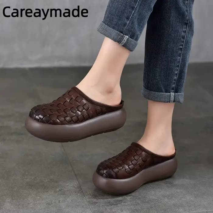 Careaymade – pantoufles à plateforme en cuir véritable rétro tissé à bout rond pour femmes, chaussur