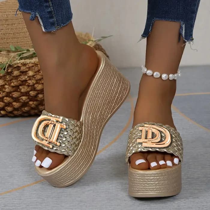 Femmes luxe décor sandales Super talons hauts or tissage compensées mode été décontracté en plein air plate-forme fête élégant Sexy 2025 nouveau