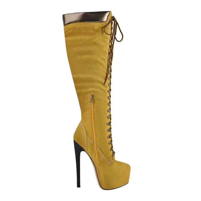 DALTol- Bottes Hautes à Plateforme pour Femme, Au-dessus du Genou, à Lacets Avant, Talon Fin, Stilet