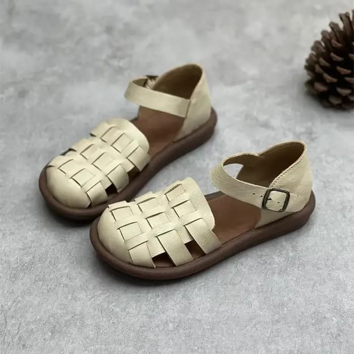 Sandales Plates Rétro en Cuir de Vache pour Femme