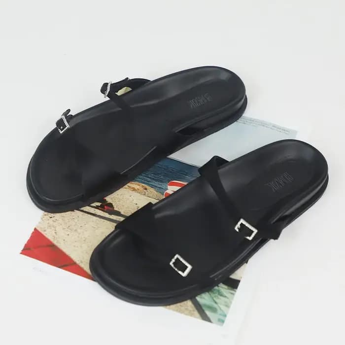 Sandales noires à semelles plates pour femmes, chaussures d'été à Double sangle avec boucle en strass brillant, semelle épaisse, marque confortable, chaussures quotidiennes