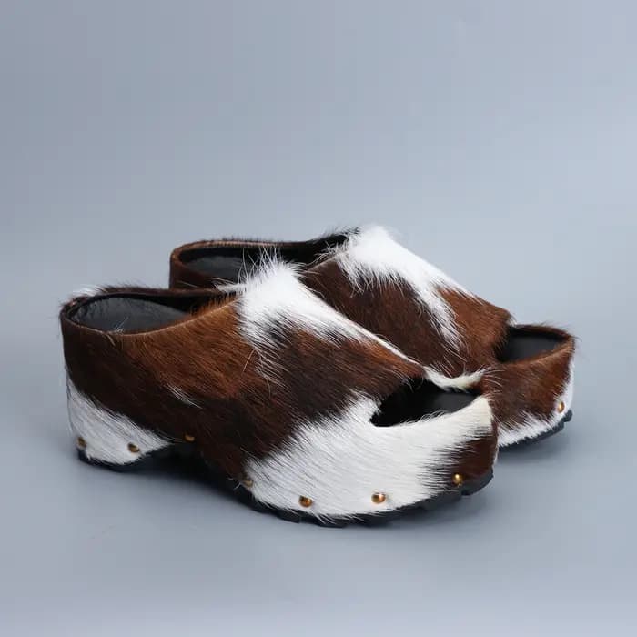 Mules à plateforme de luxe pour femmes, chaussures de styliste, en poils de veau véritable, doublées